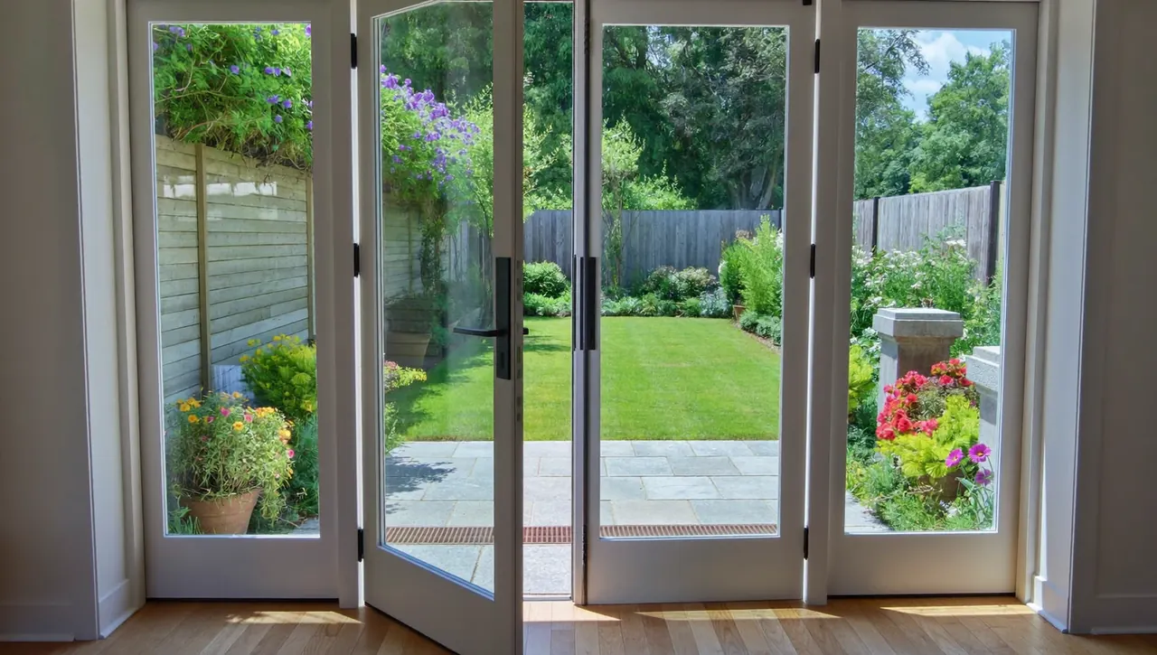 Open French doors leading from a living room out to a garden