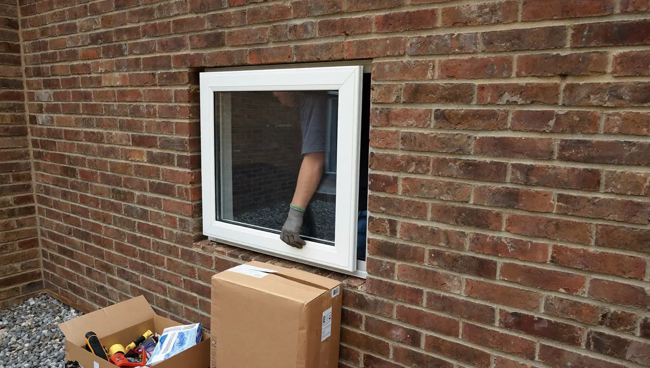 An installer fitting a new glazed door unit into a rear opening