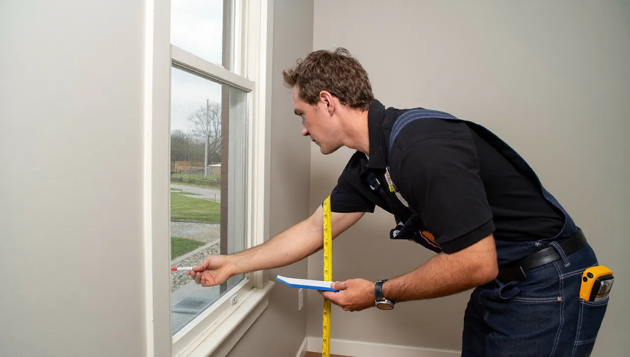 An installer measuring a window opening with a tape measure