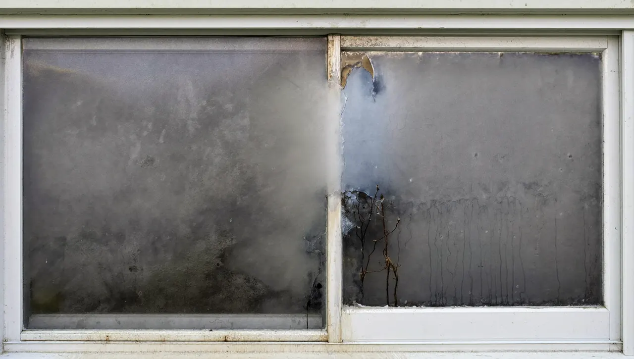A misted double glazing unit with condensation trapped between the panes