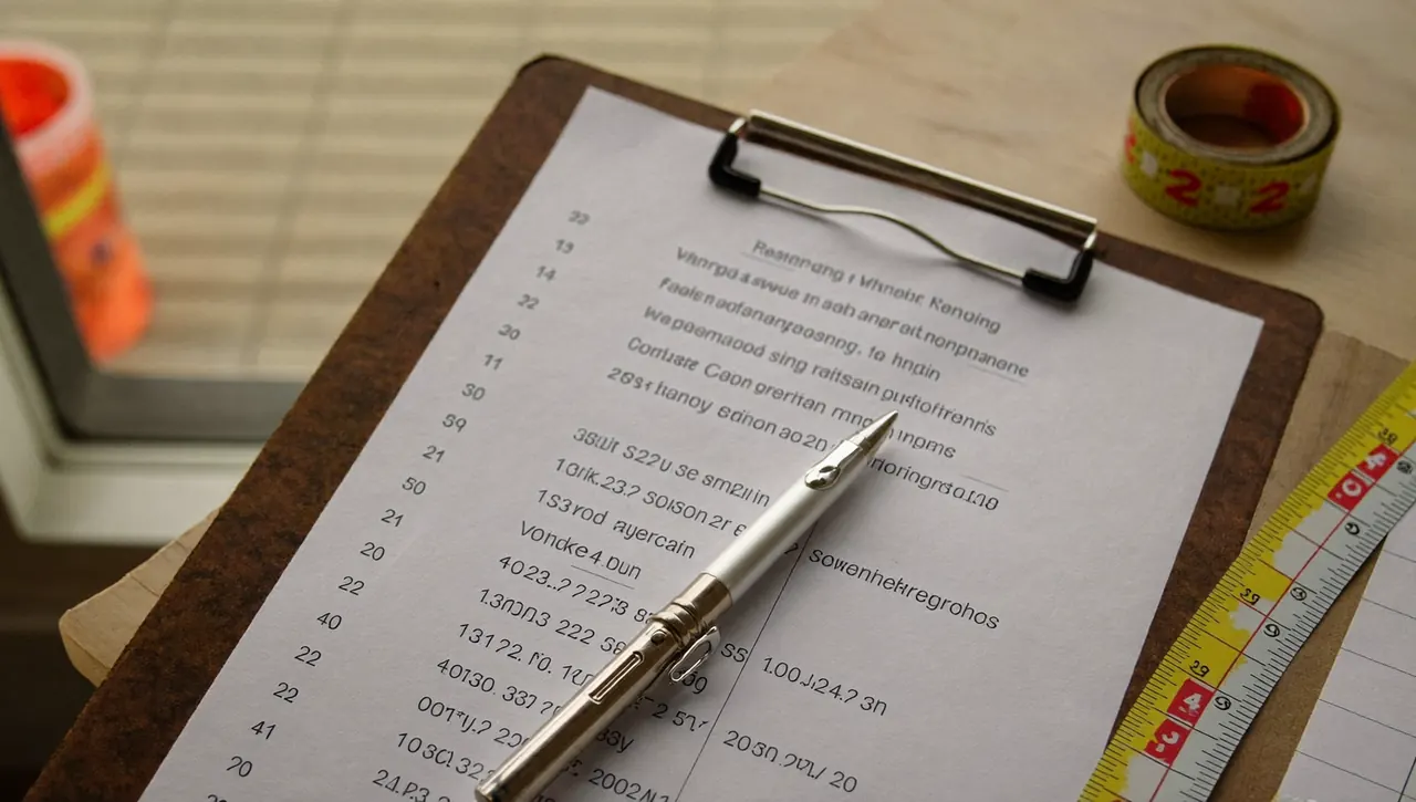 A replacement window quote and tape measure laid out on a table